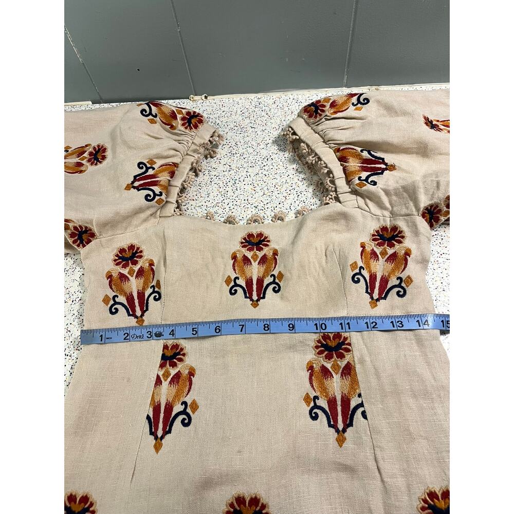 Farm Rio Rose Embroidered Macaw Maxi Dress Puff Sleeve Linen Women's Size S - Picture 8 of 9